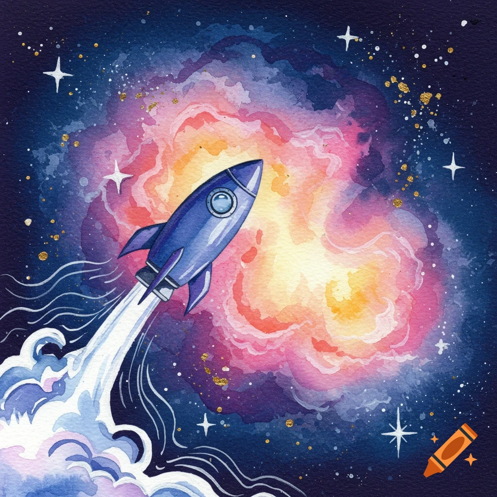 A blue rocket ship flies through a colorful nebula in a watercolor painting.