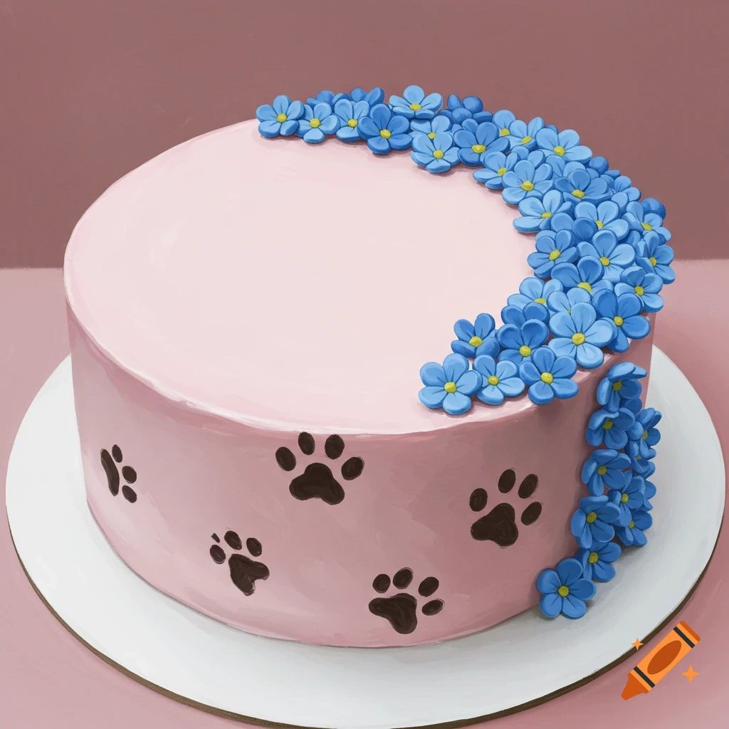 Cake with blue flowers and paw prints