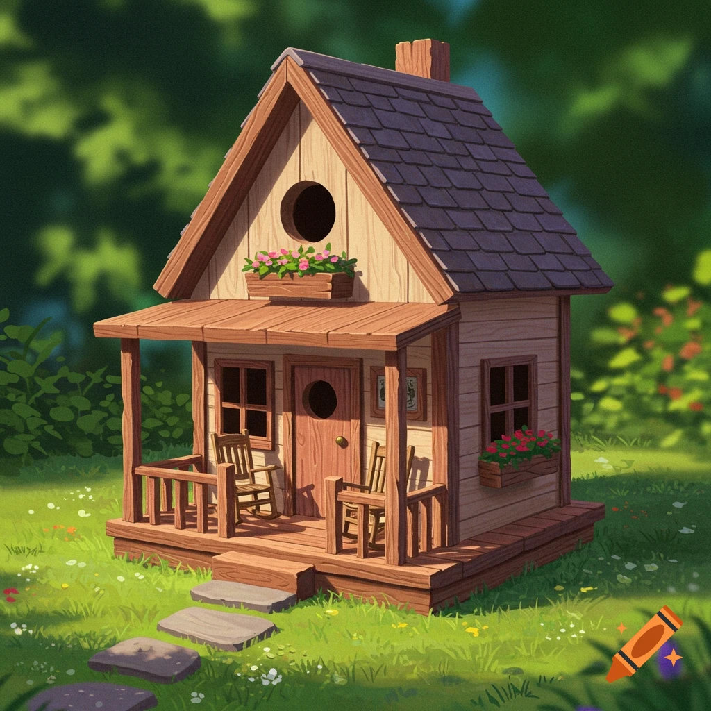 A detailed wooden birdhouse with a porch and rocking chairs in a sunny garden.