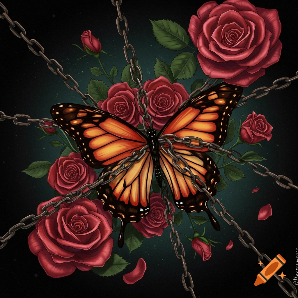 Illustration of a butterfly chained among red roses