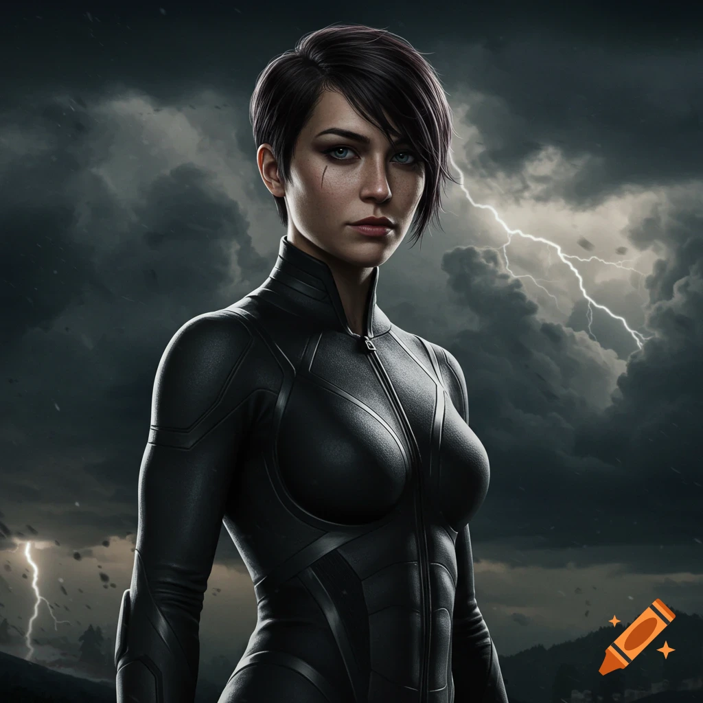 Woman with short dark hair in a black suit against a stormy sky with lightning. Digital art.