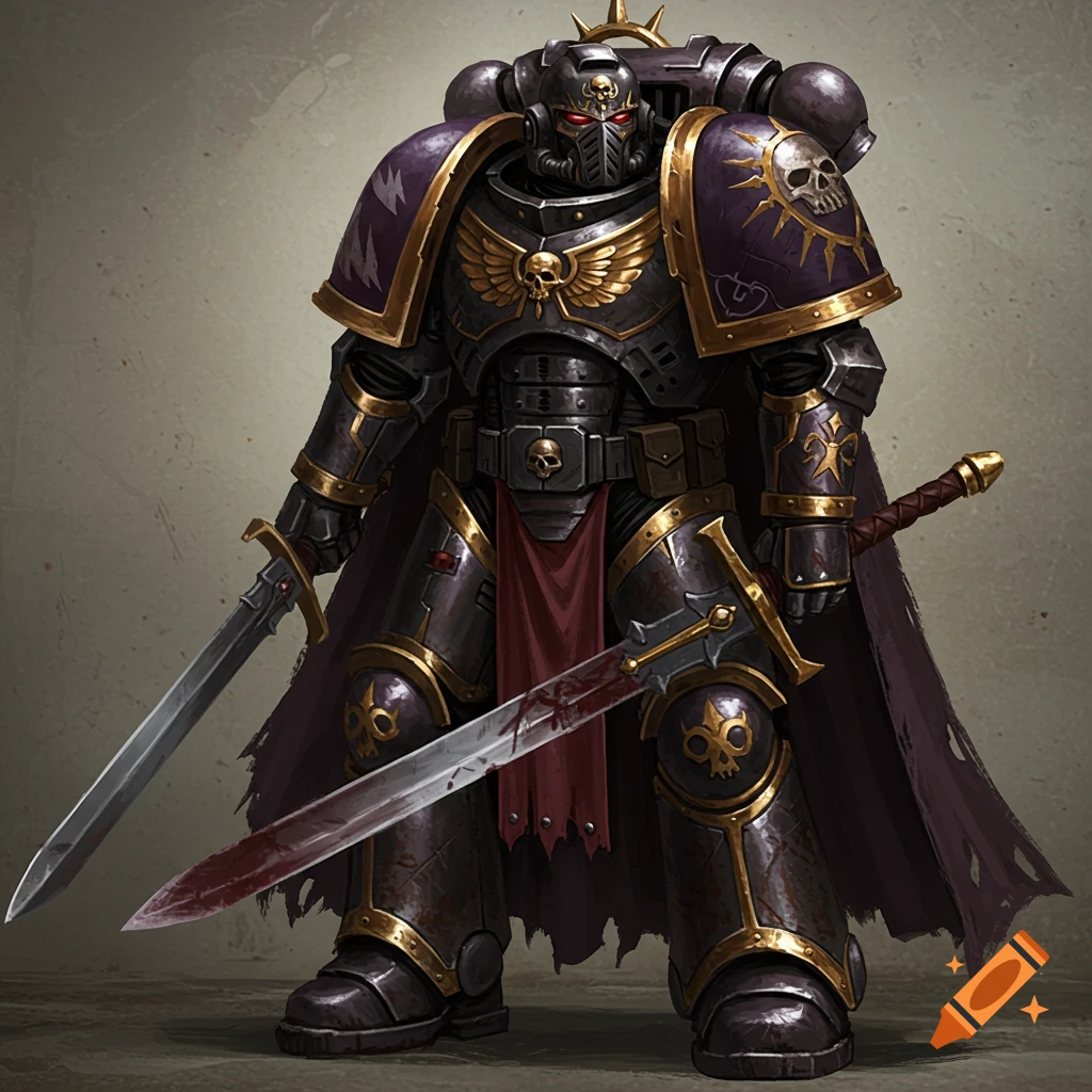 Warhammer 40k Space Marine veteran in scarred power armor with power sword.