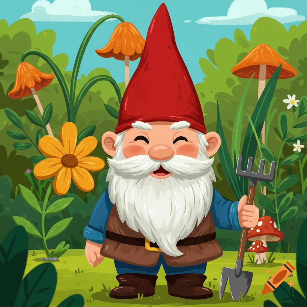 A cute cartoon garden gnome holds a rake among colorful flowers and mushrooms.