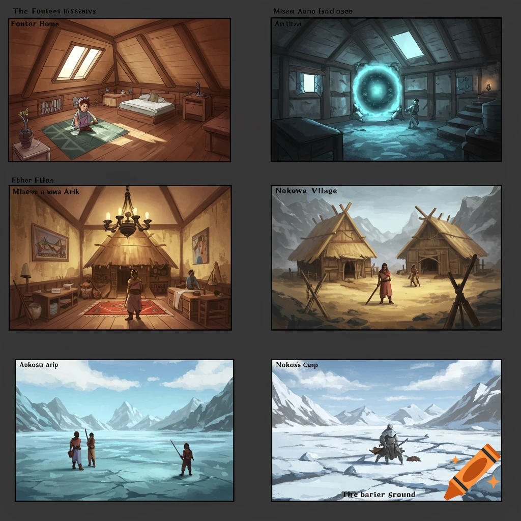 Six panels show different fantasy scenes: an attic room, a room with a fireplace, a snowy village, a frozen lake, and a snowy landscape.
