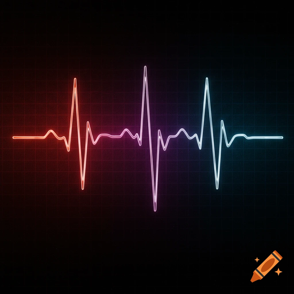 Illuminated ECG waveform on a dark grid background fading from red to blue.