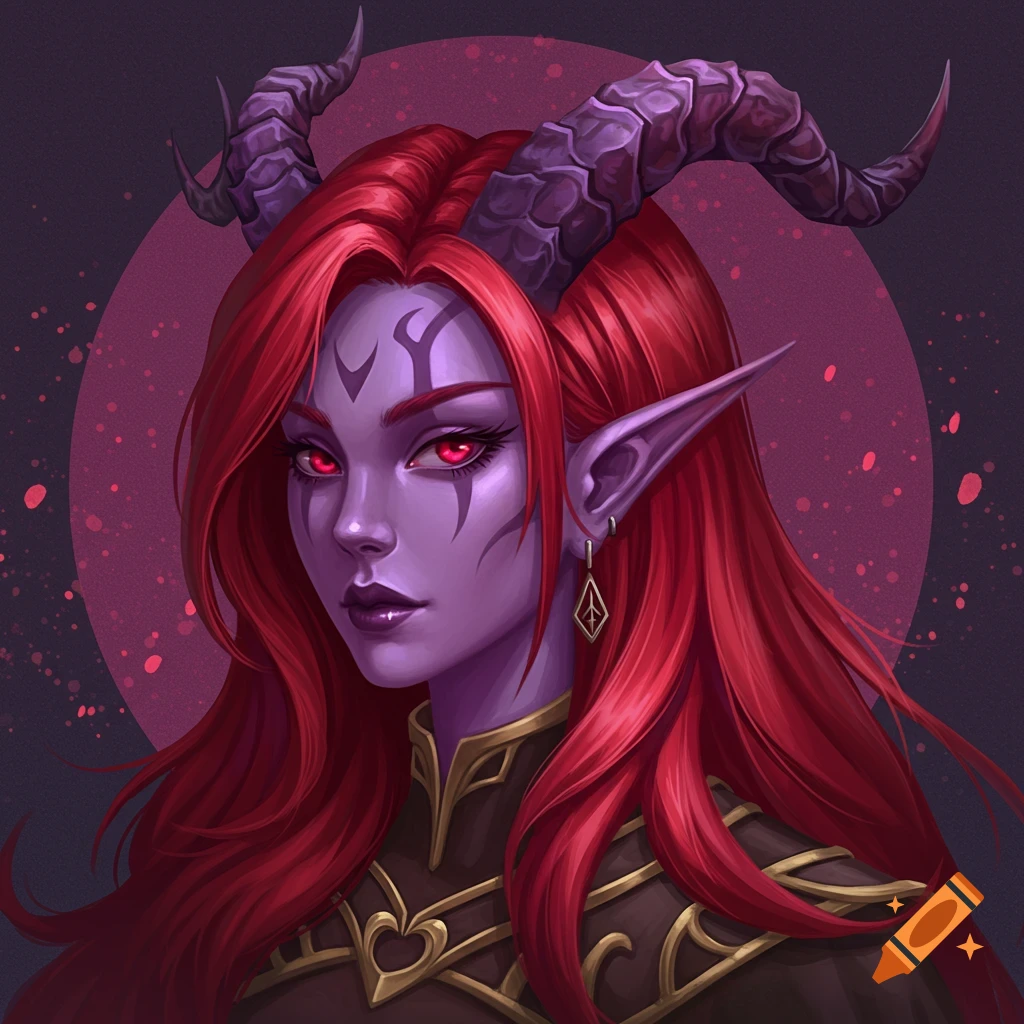 A fantasy character with purple skin, red hair, horns, and glowing red eyes.