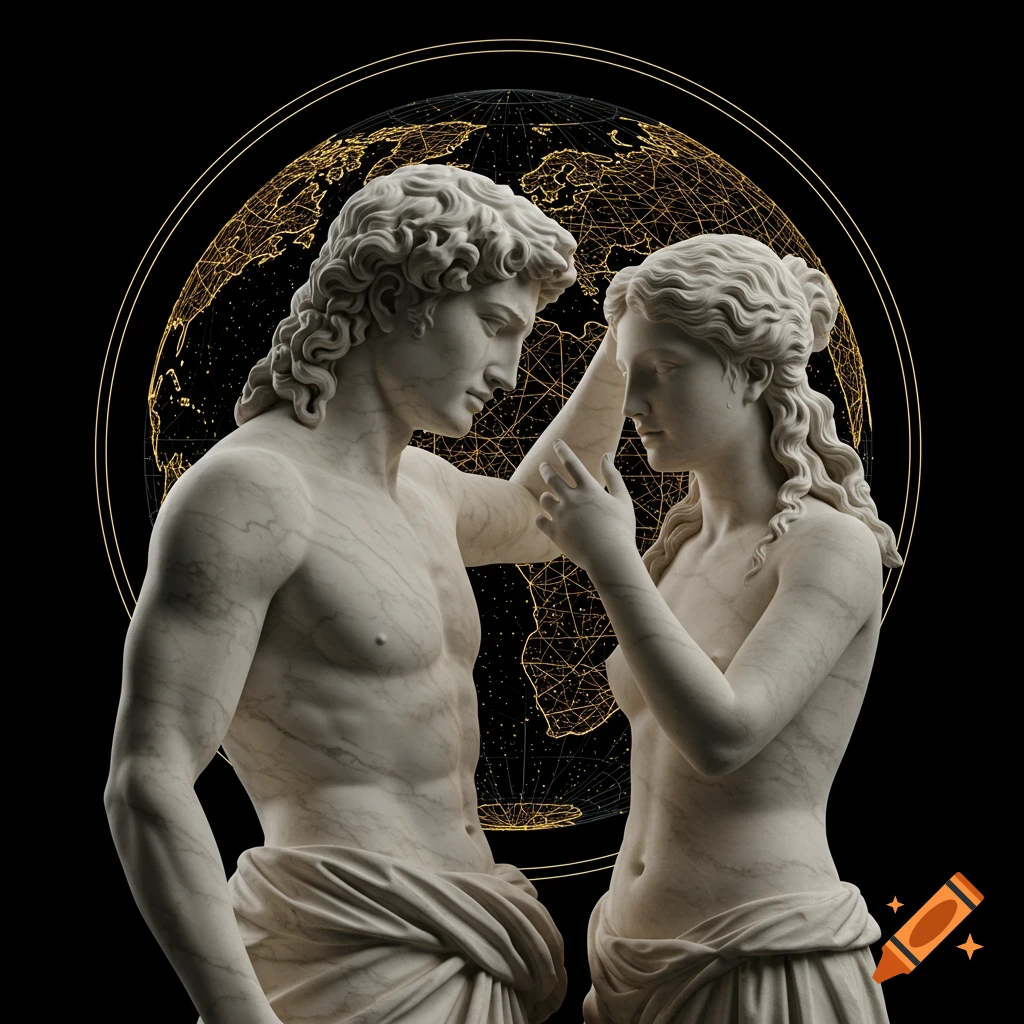 Marble statue of Greek god and goddess couple with wireframe globe