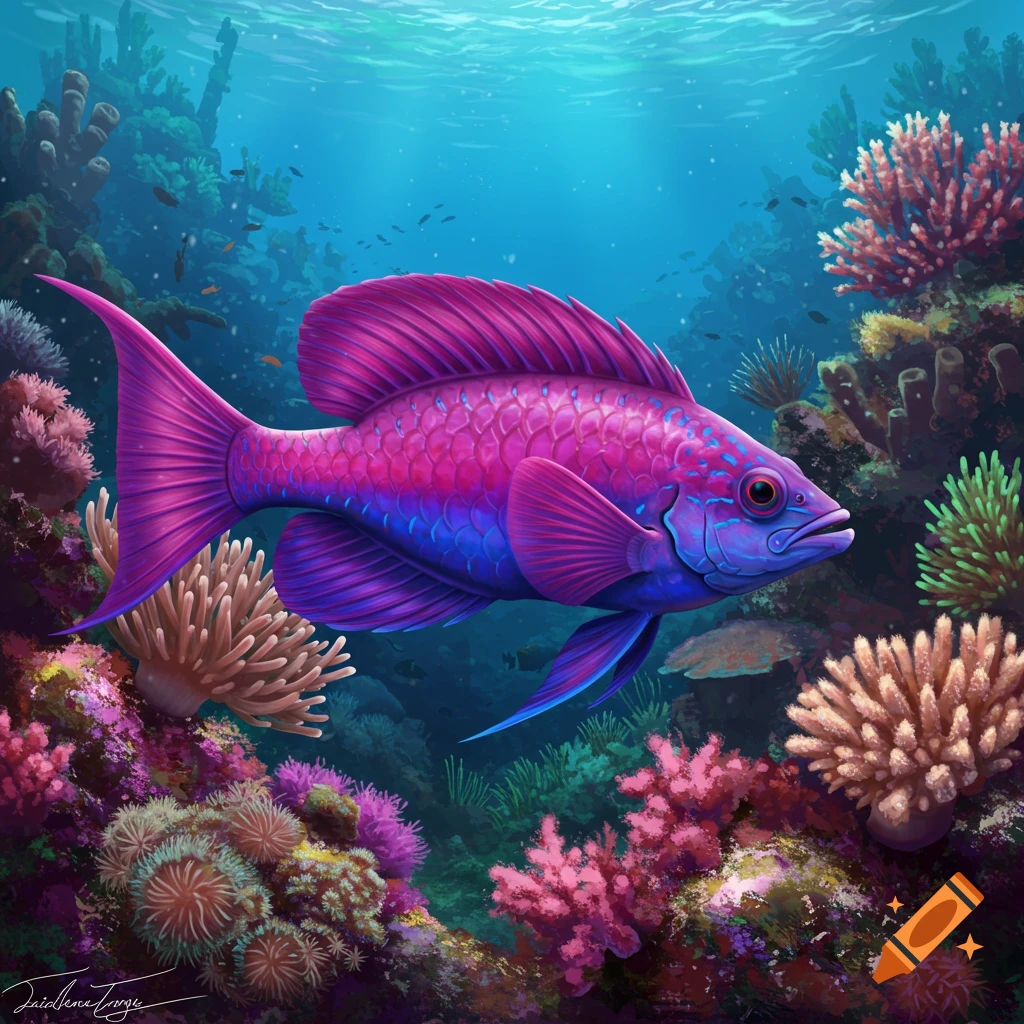 A bright purple and blue fish swims through a vibrant coral reef.