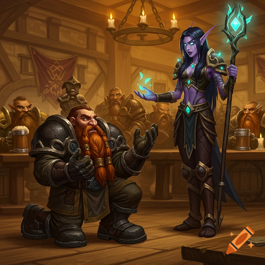 A dwarf kneels before a night elf woman in a fantasy tavern, surrounded by other dwarves.