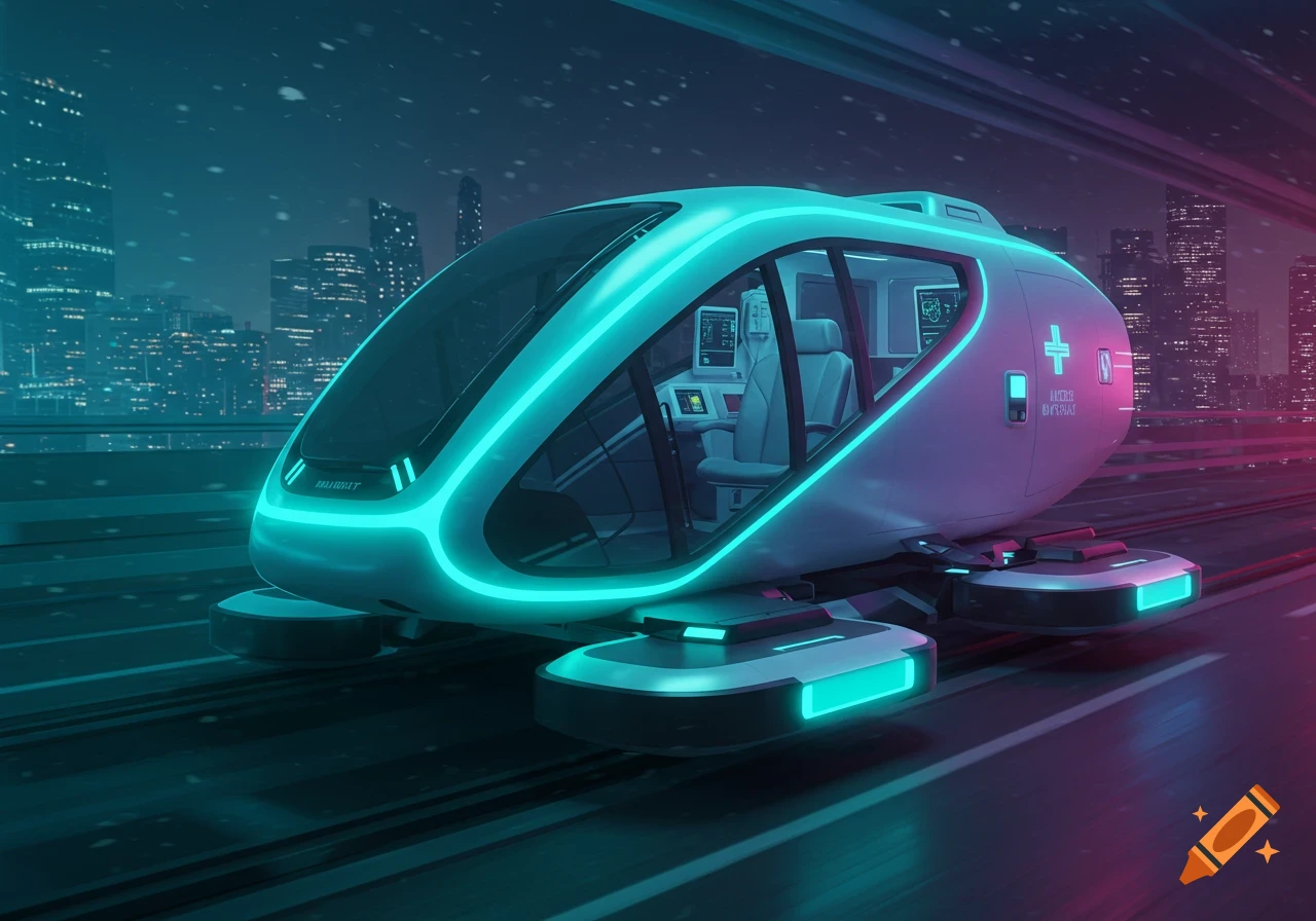 A futuristic medical transport vehicle with neon lights drives down a road at night with a city skyline in the background.