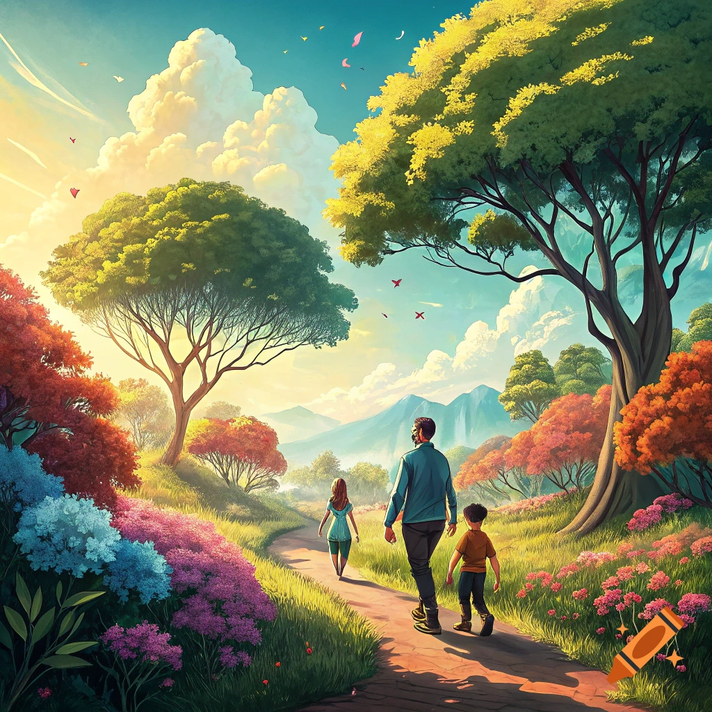 A father and two children walk along a path through a vibrant, colorful landscape with trees, flowers, and mountains.