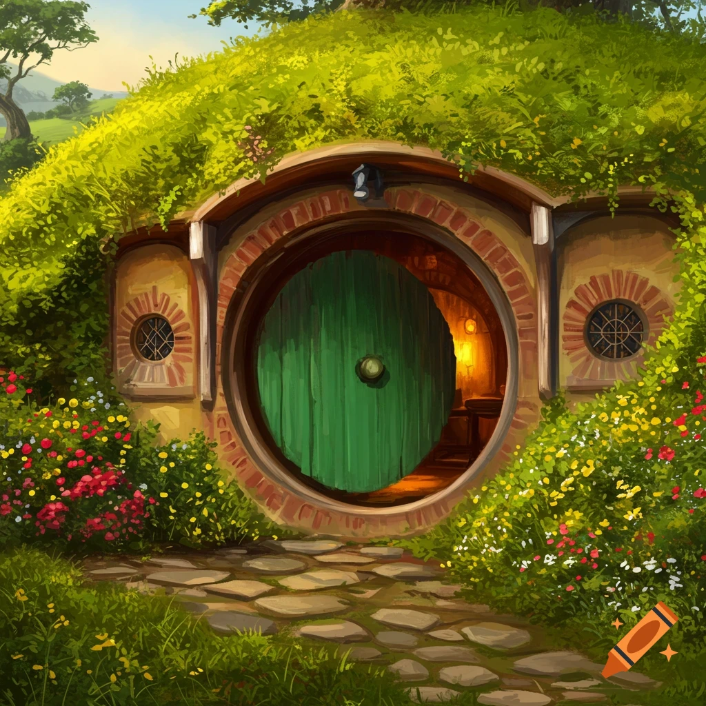 Illustration of a hobbit hole with a round green door, stone path, flowers, and grassy roof.