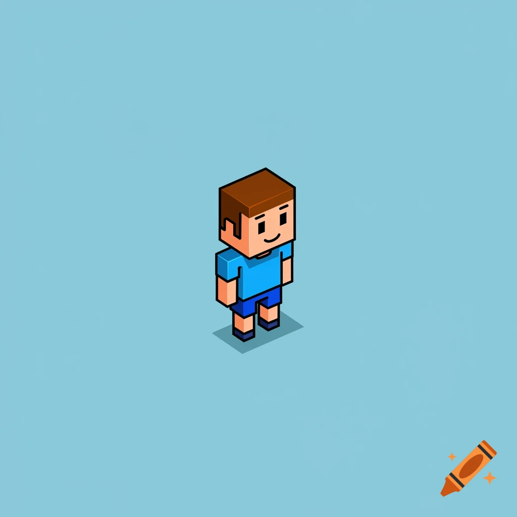 A pixel art blocky cartoon character on a blue background.