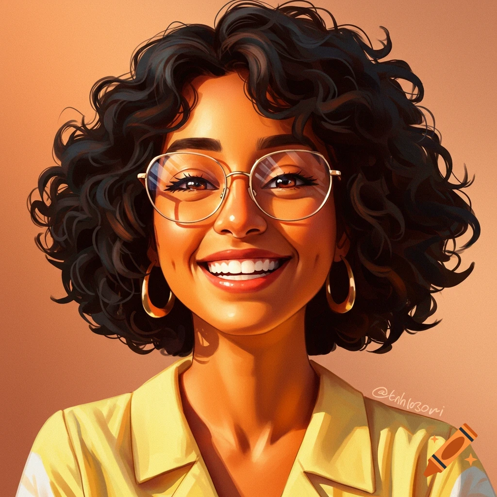 Portrait of a smiling woman with curly hair and glasses in a digital art style.