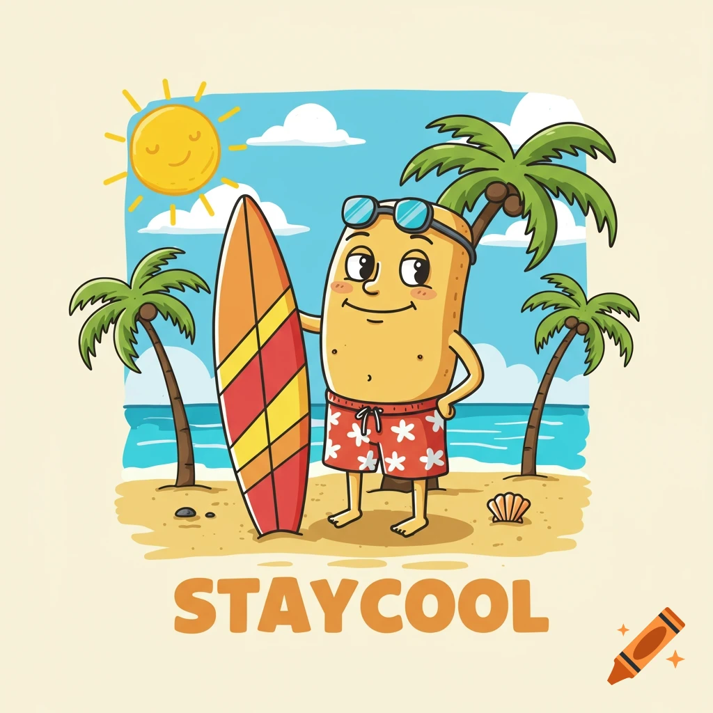 Cartoon character in sunglasses and swim trunks on a beach with a surfboard, text 'STAYCOOL'
