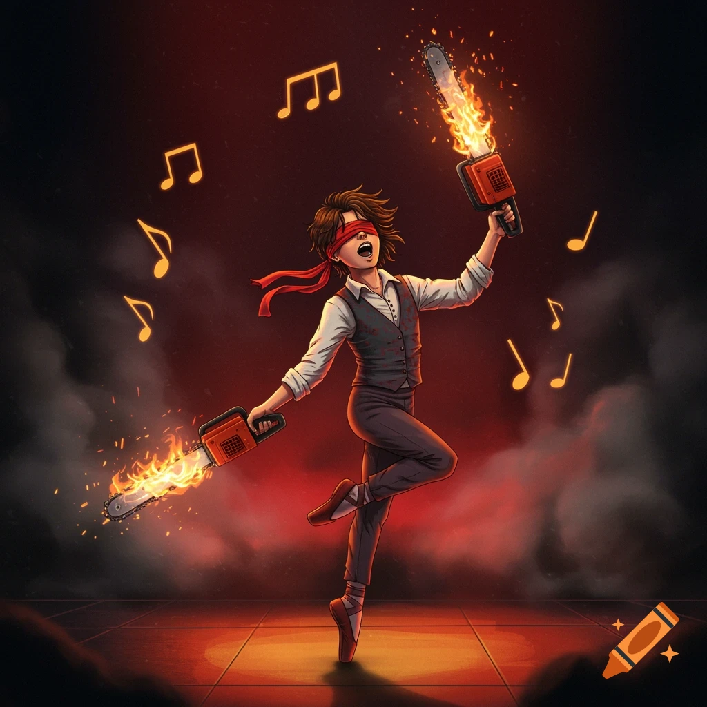 Stylized illustration of a blindfolded person on pointe, juggling flaming chainsaws with musical notes surrounding them.