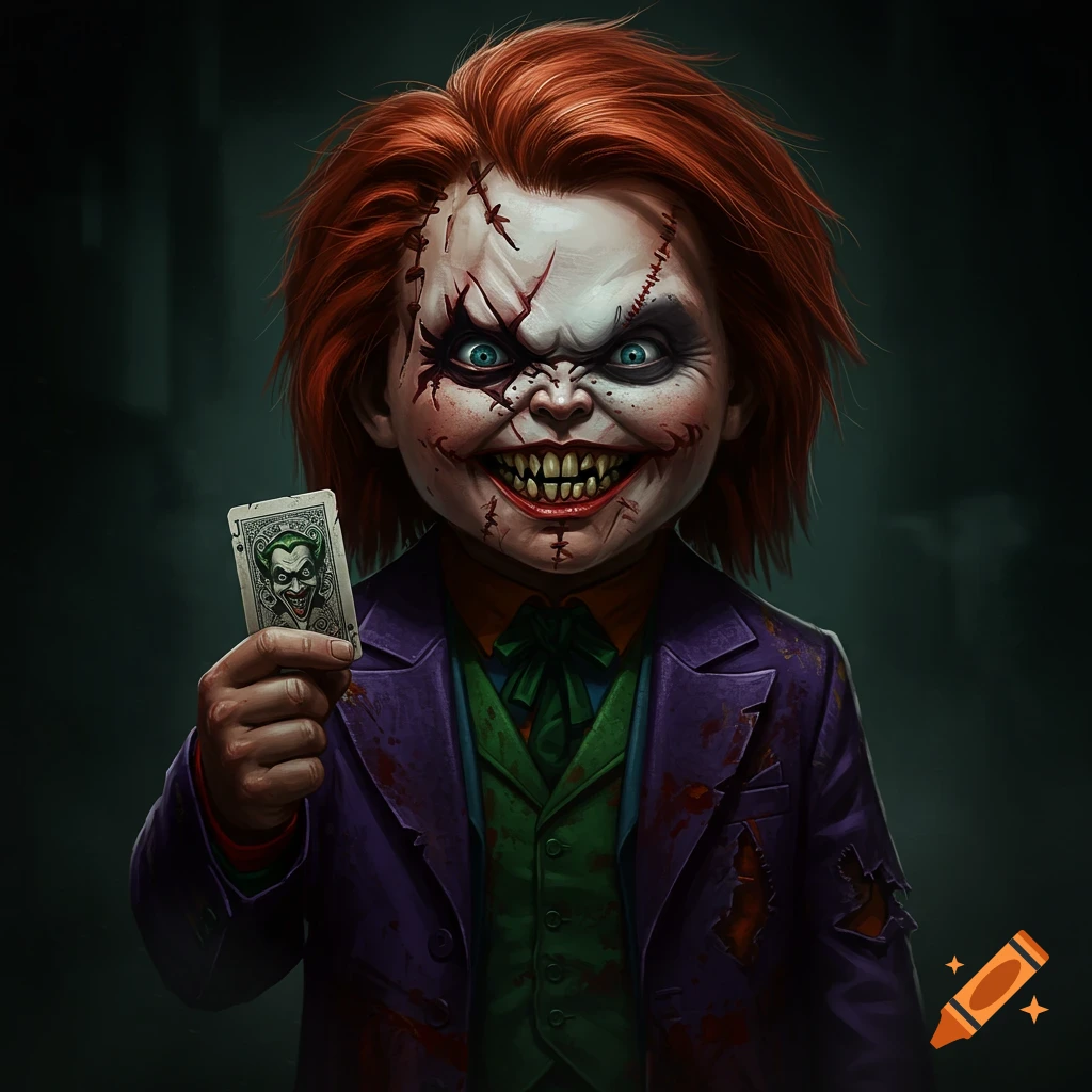 Stylized illustration of a creepy doll dressed as the Joker holding a Joker playing card.