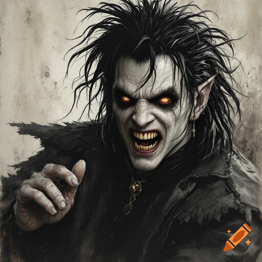 Close-up dark fantasy illustration of a snarling creature with glowing eyes and dark hair, pointing forward.