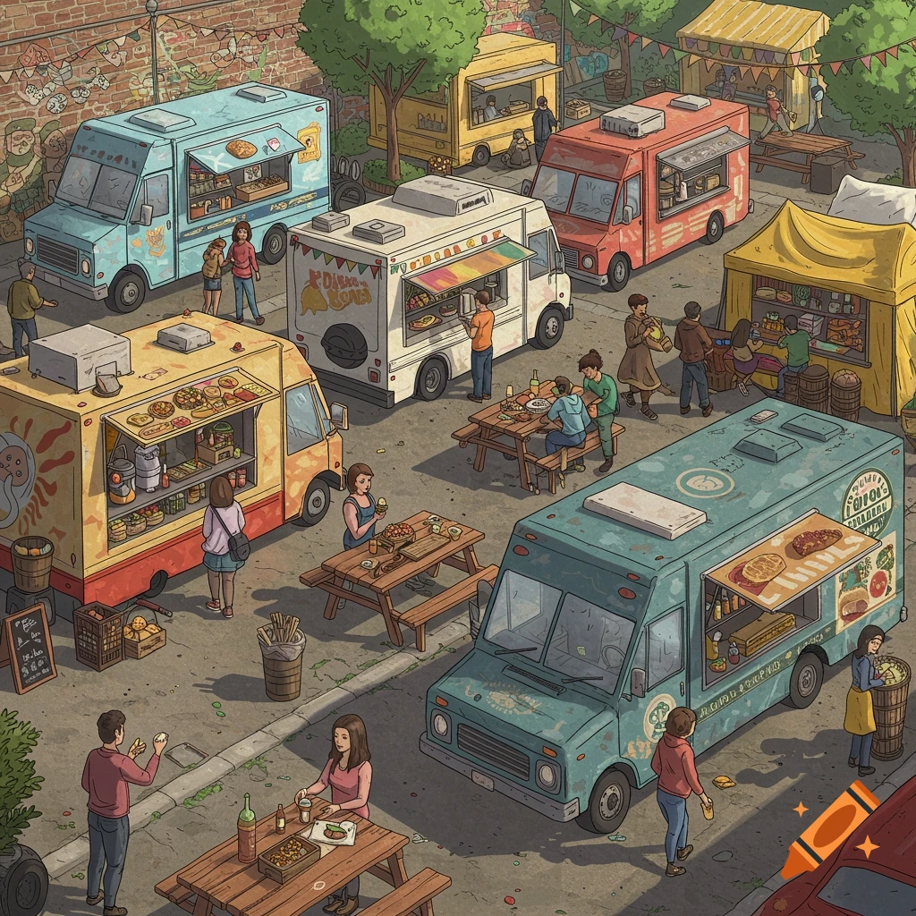 Illustration of a busy food truck park with people eating at tables.