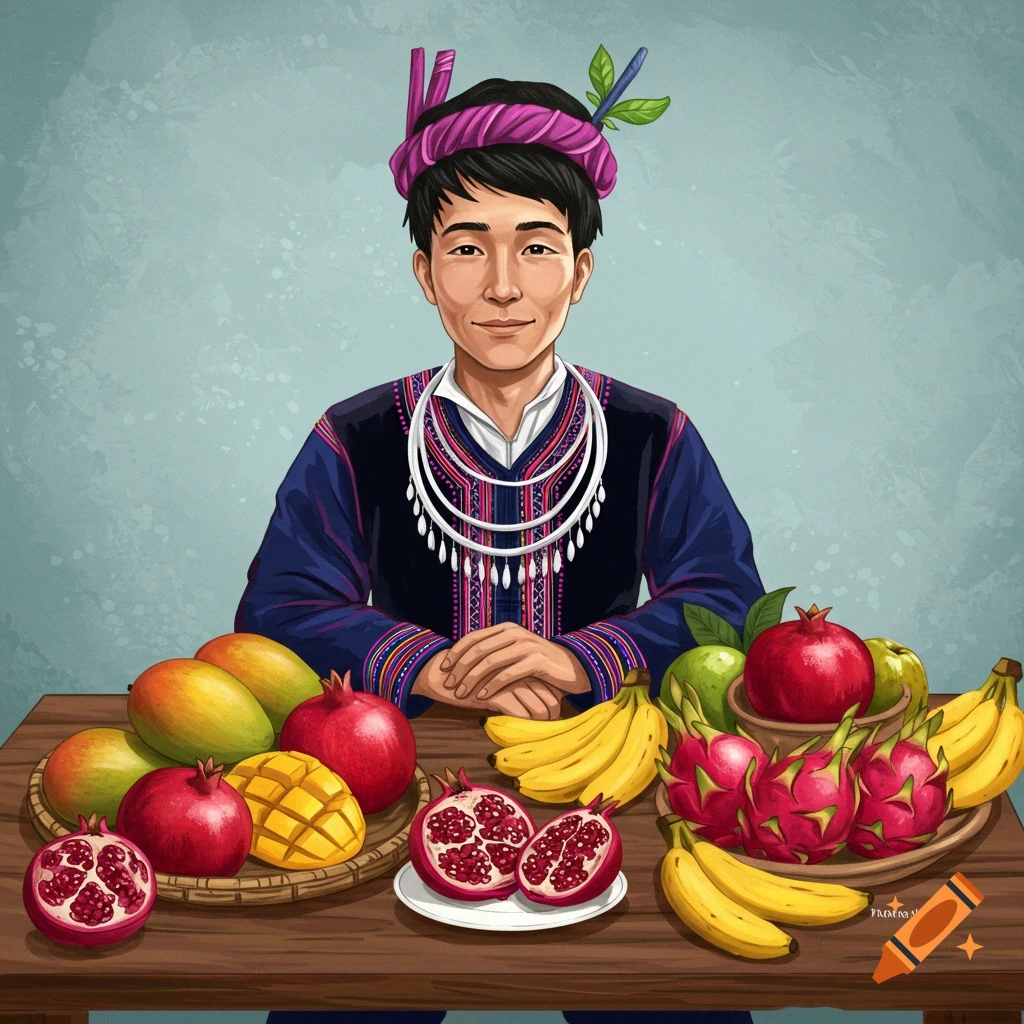 Illustration of a man in traditional clothing sitting at a table filled with fruit.