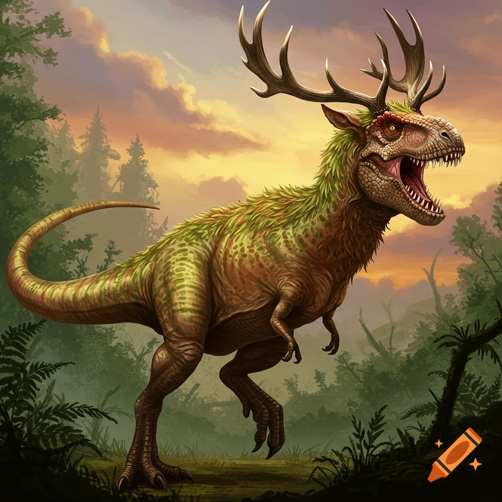 A fantasy creature, a hybrid of a T-Rex and a deer, stands in a forest clearing at sunset.