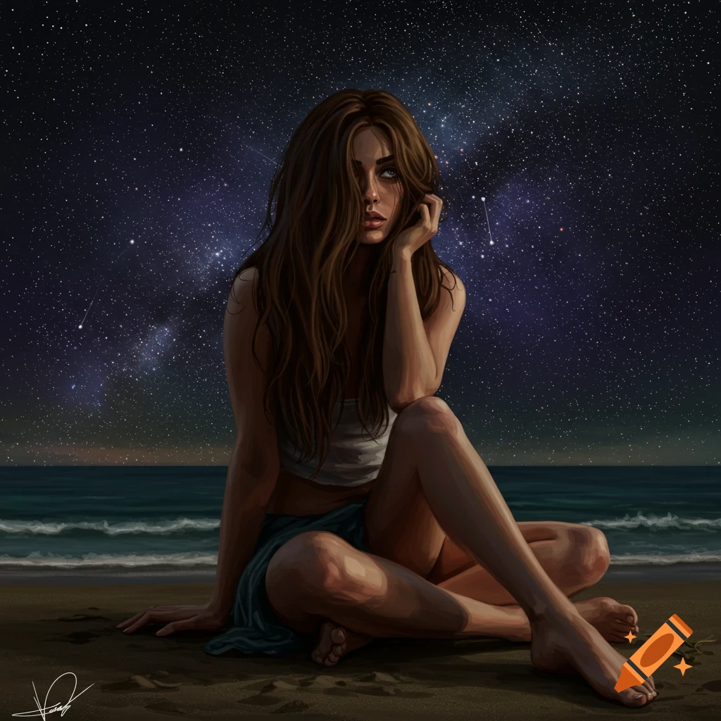 Young woman sitting on a beach at night, looking at the starry sky.