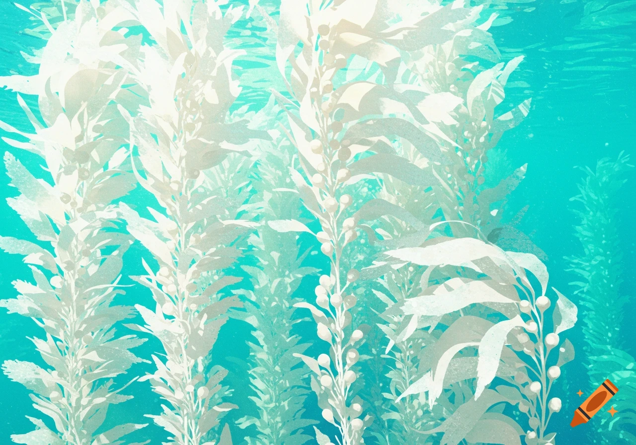 Fully white kelp underwater in vibrant blue water.