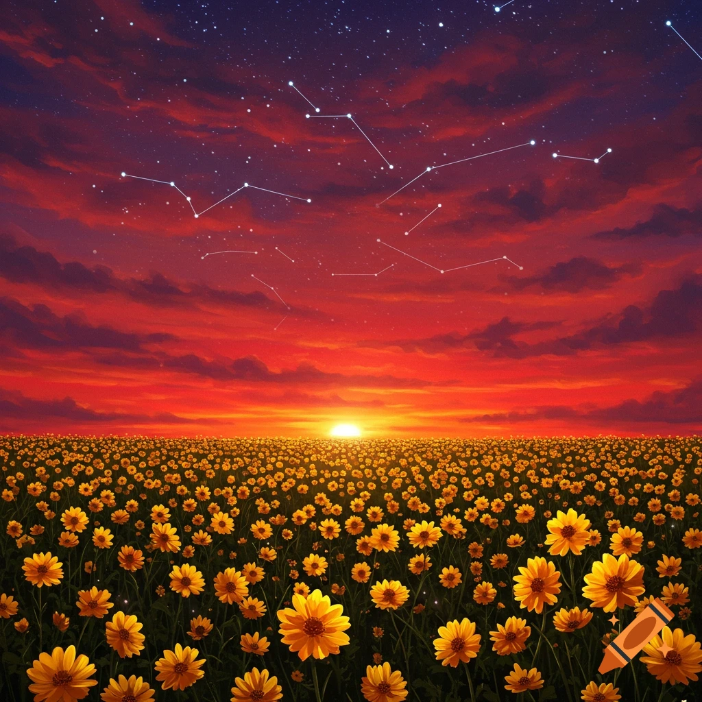 Field of yellow flowers under a red sunset sky with constellations.