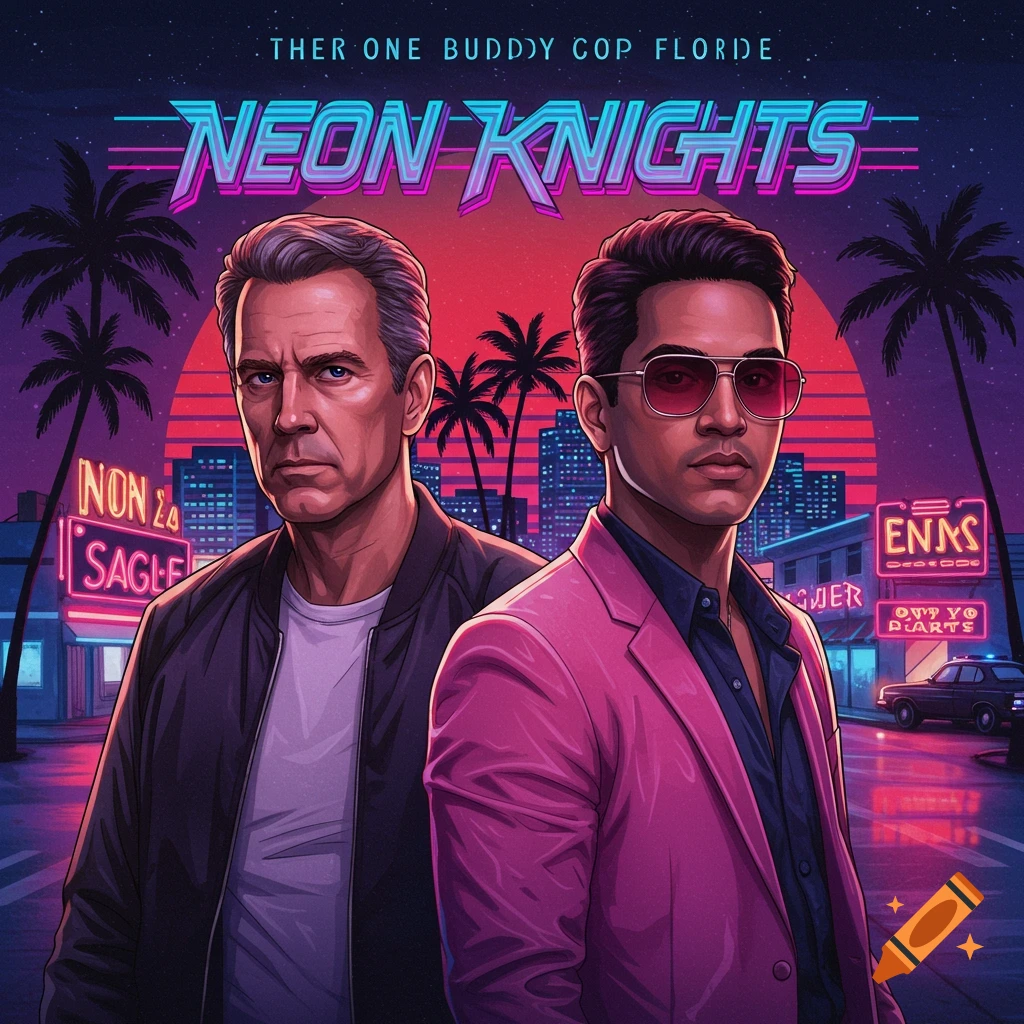 80s buddy cop movie poster, Neon Knights, Florida setting