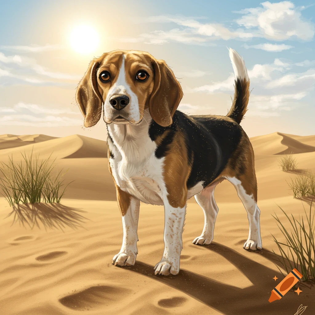 A beagle dog stands in a sandy desert under a sunny sky.
