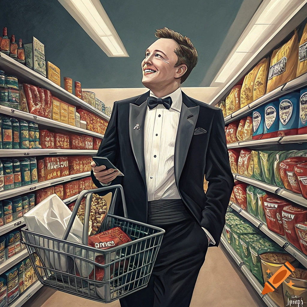Elon Musk in a tuxedo shops for junk food in a grocery store aisle.