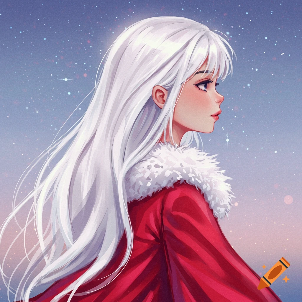 Anime portrait of a girl with long white hair in a red fur coat against a starry sky.