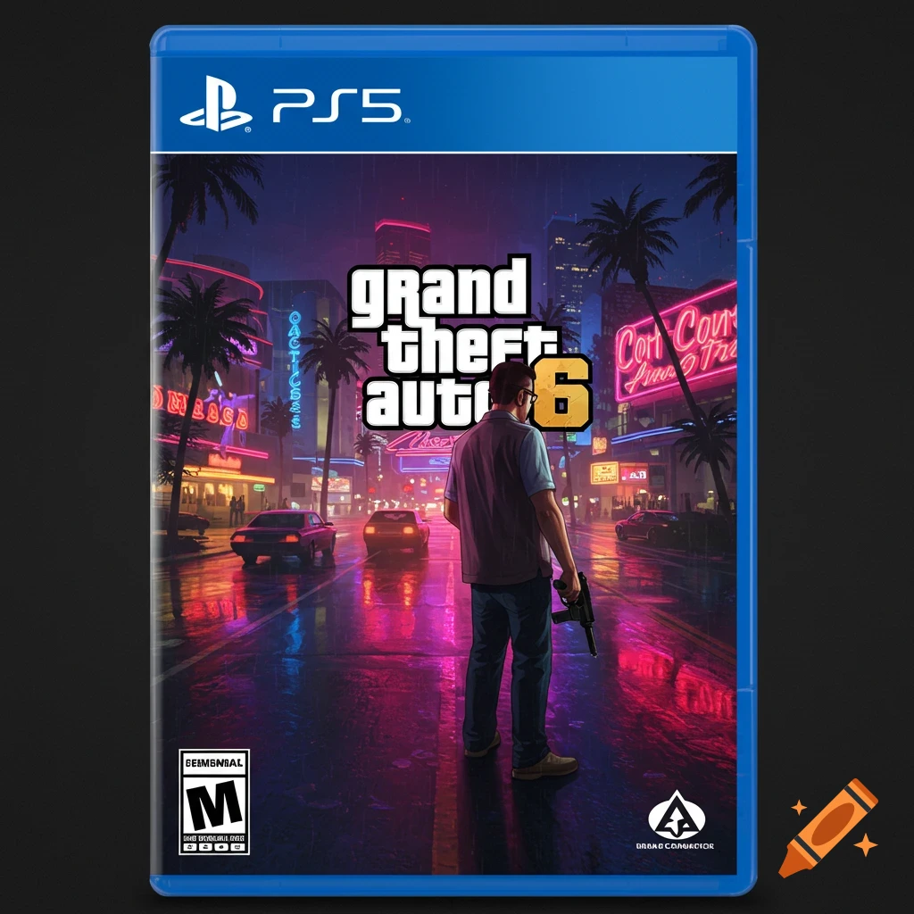 PS5 game cover for Grand Theft Auto VI showing a man with a gun on a wet street at night in a city.