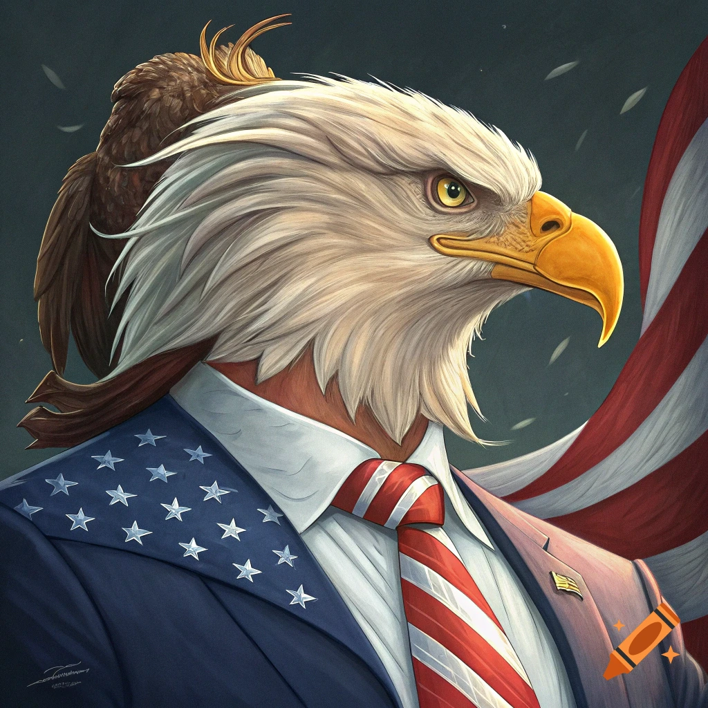 Bald eagle in a suit with stars and stripes tie, standing in front of a US flag, with a smaller bird on its shoulder.