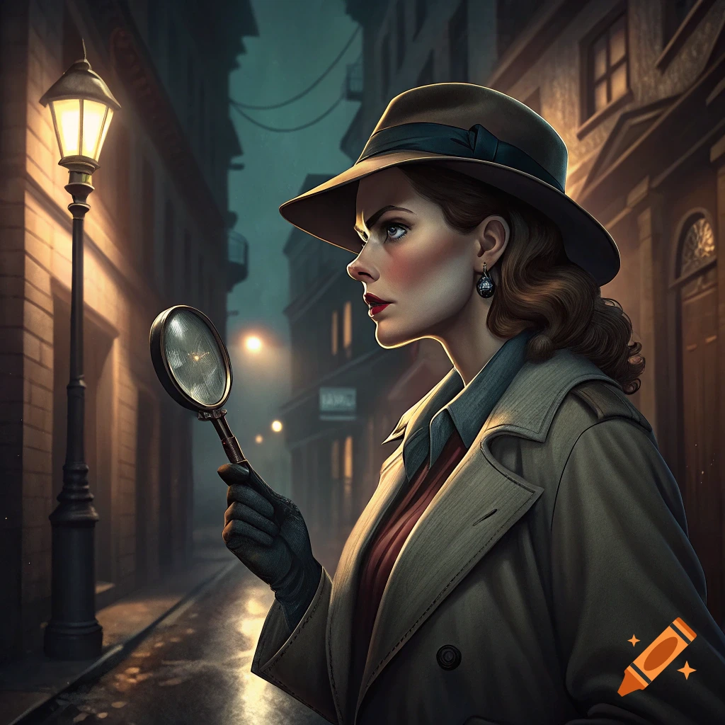 Kate Panuska as a film noir spy with hat and magnifying glass