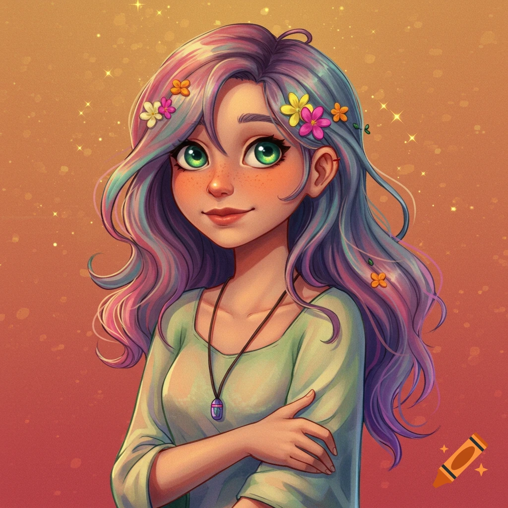 Stylized portrait of a young girl with colorful hair and flowers.