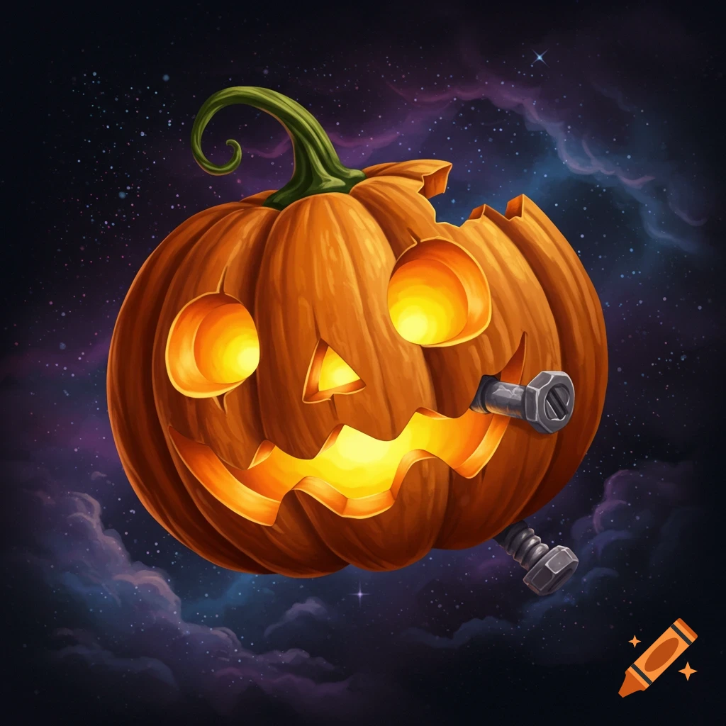 A glowing jack-o'-lantern with metal bolts stuck in it floats in a dark, starry night sky.