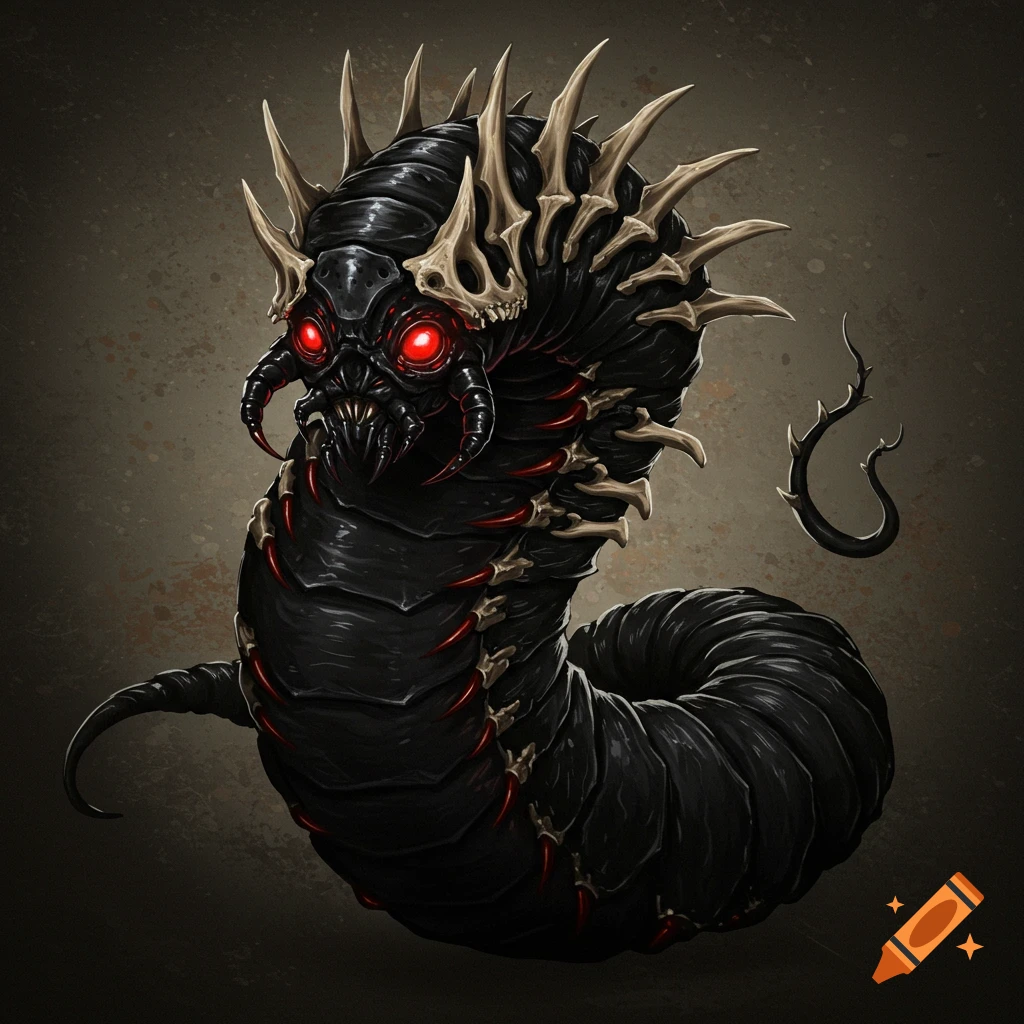 A black worm-like creature with red eyes and bone armor illustration.