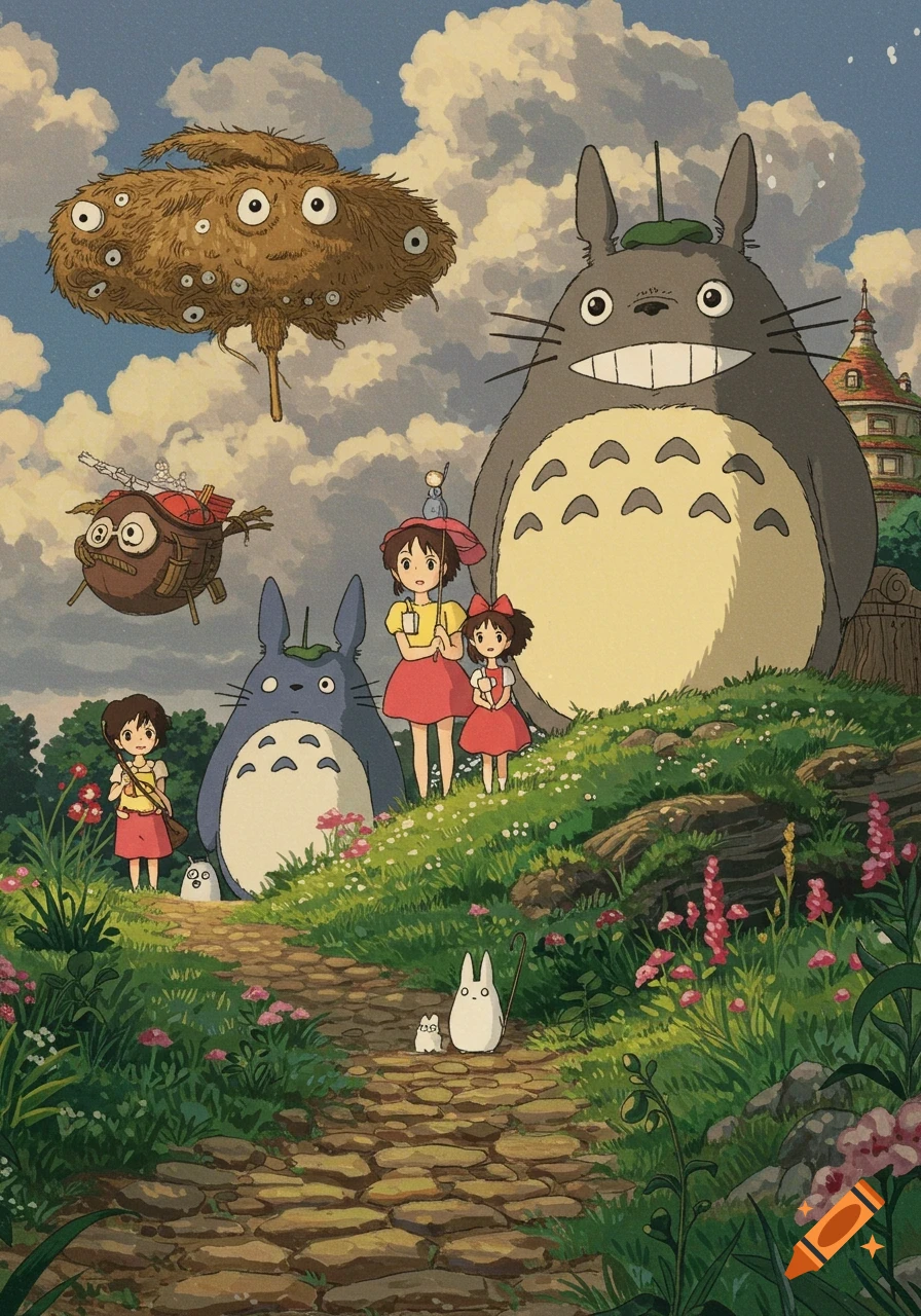 Illustration in Studio Ghibli style of characters and creatures from My Neighbor Totoro standing in a grassy field.