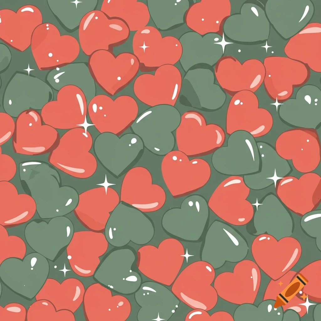 A seamless pattern of red and green hearts with sparkles.