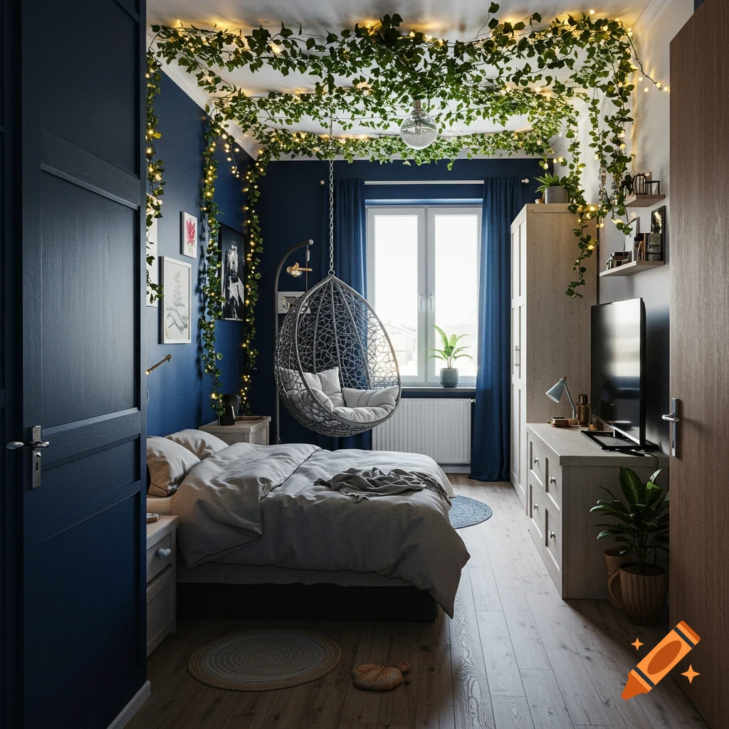 A dimly lit bedroom with navy blue walls, vines, string lights, a bed, a hanging chair, and a TV.