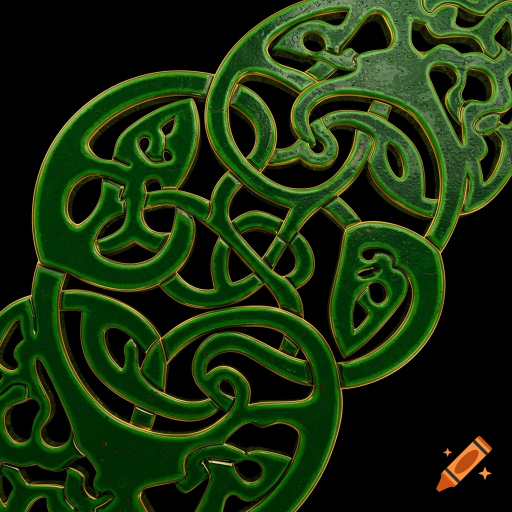 Celtic knot with green, black, and gold