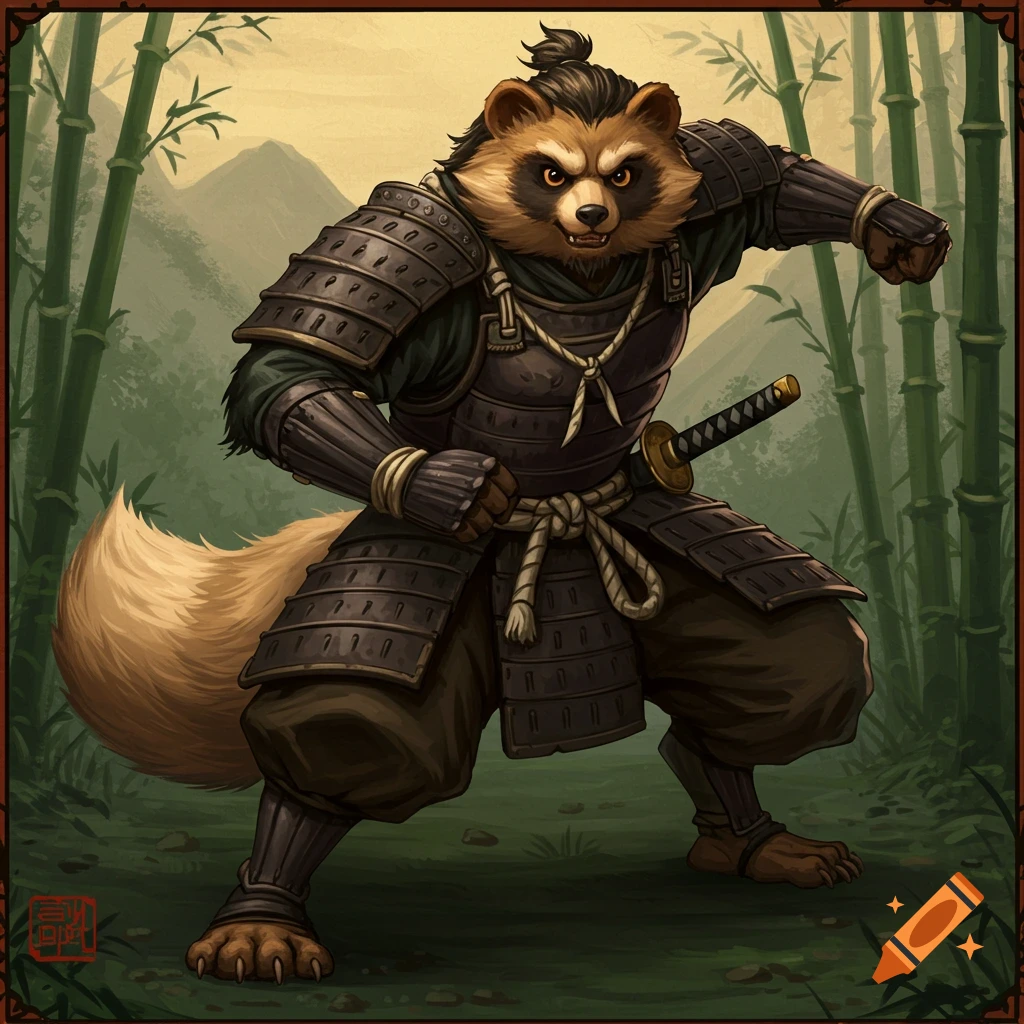 A tanuki warrior in samurai armor poses in a bamboo forest.