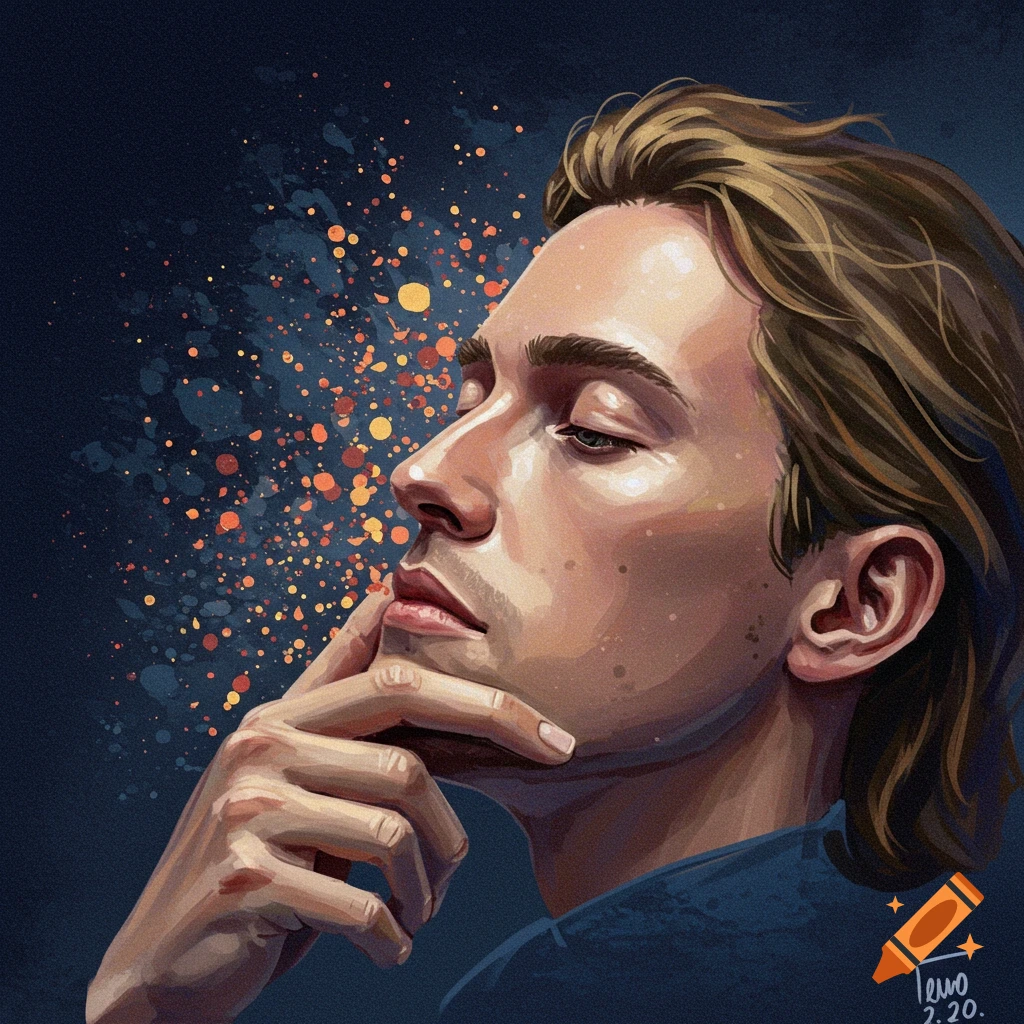 A person in profile, contemplating, with abstract particles around their head.