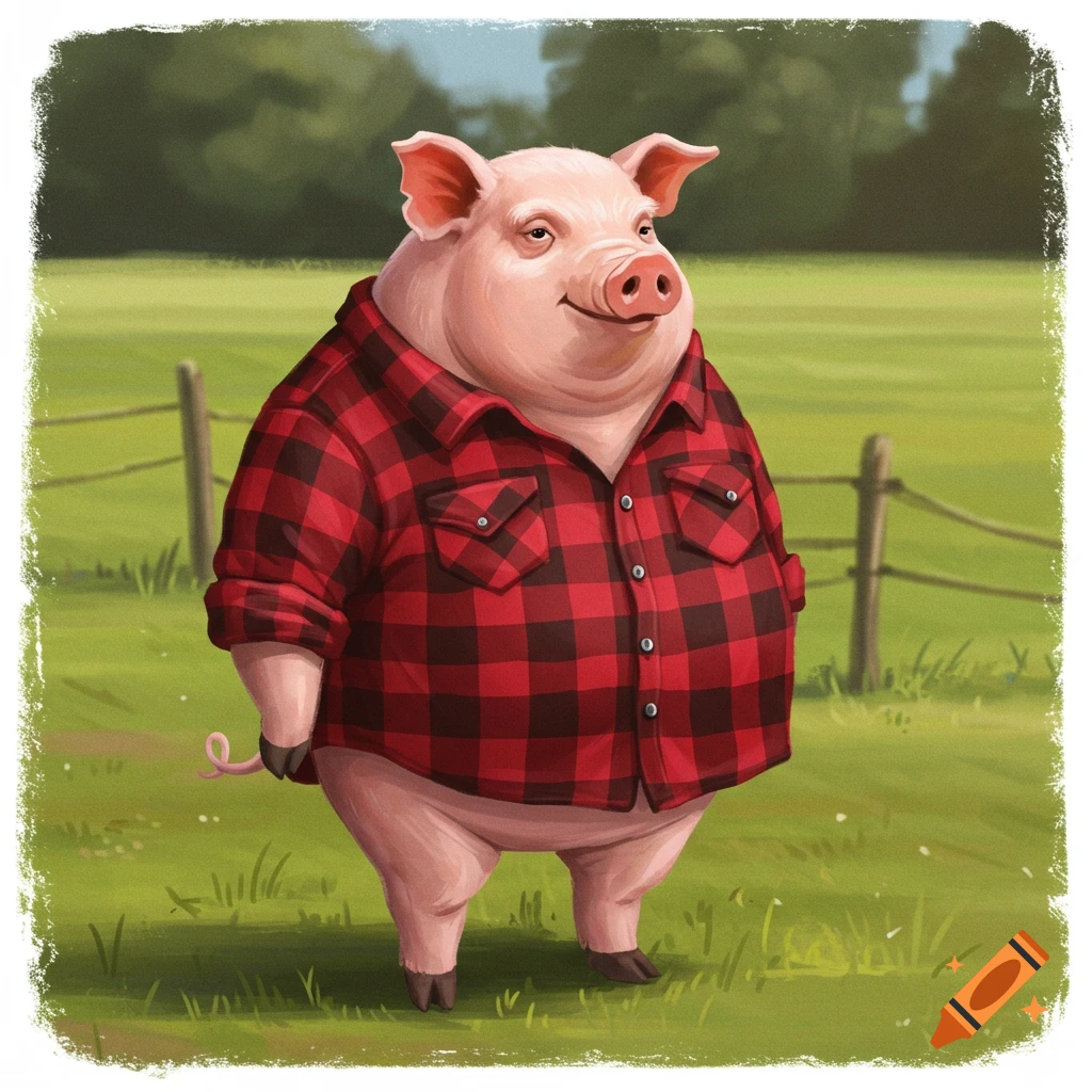 Pig wearing a flannel shirt