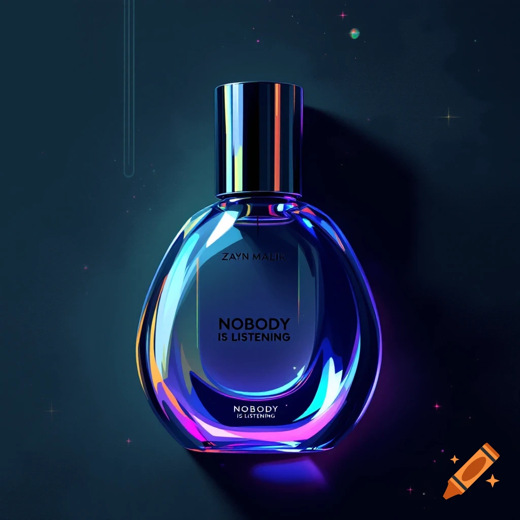 Perfume bottle inspired by Zayn Malik's album Nobody is Listening with red, blue, yellow, and green accents