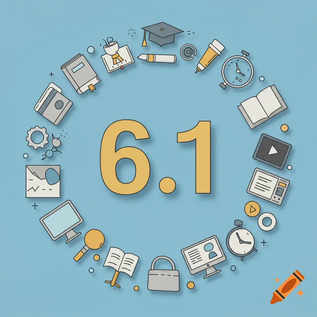 Illustration of the digits 6.1 encircled by educational symbols like books, a graduation cap, and a computer.