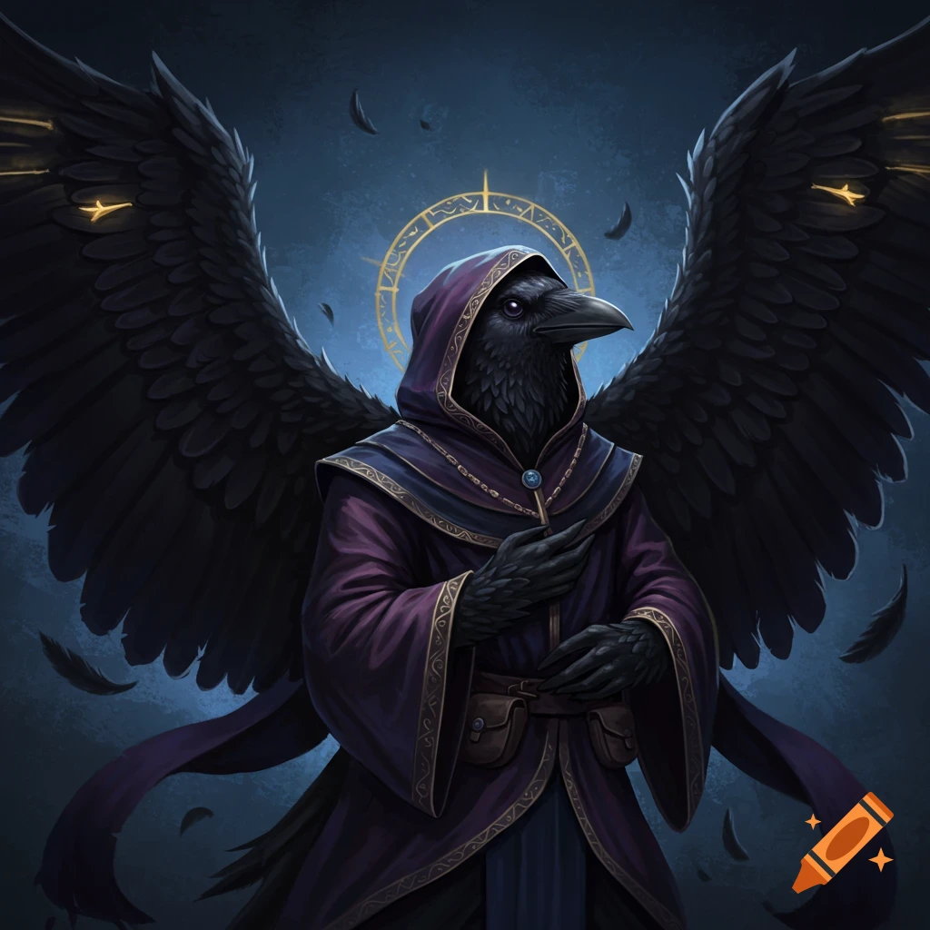 A hooded bird-like creature with large black wings wears a purple robe and golden halo against a dark background.