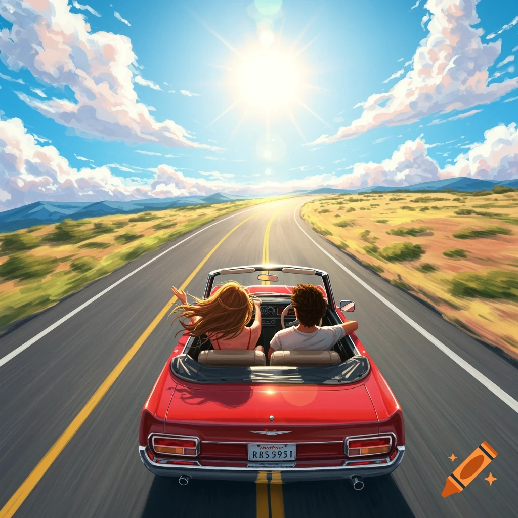 Illustration of a couple driving a red convertible on a sunny highway.