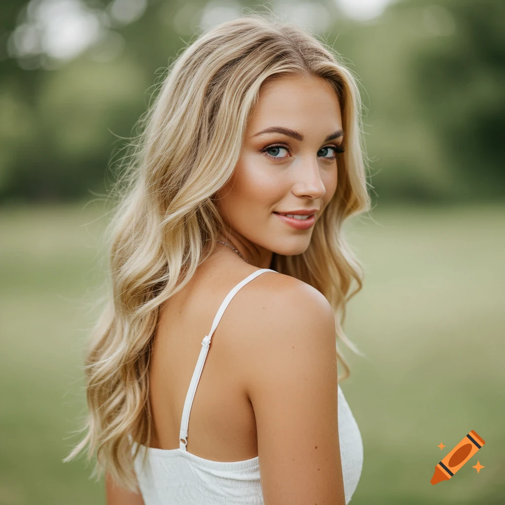 Young blonde woman looking over her shoulder outside